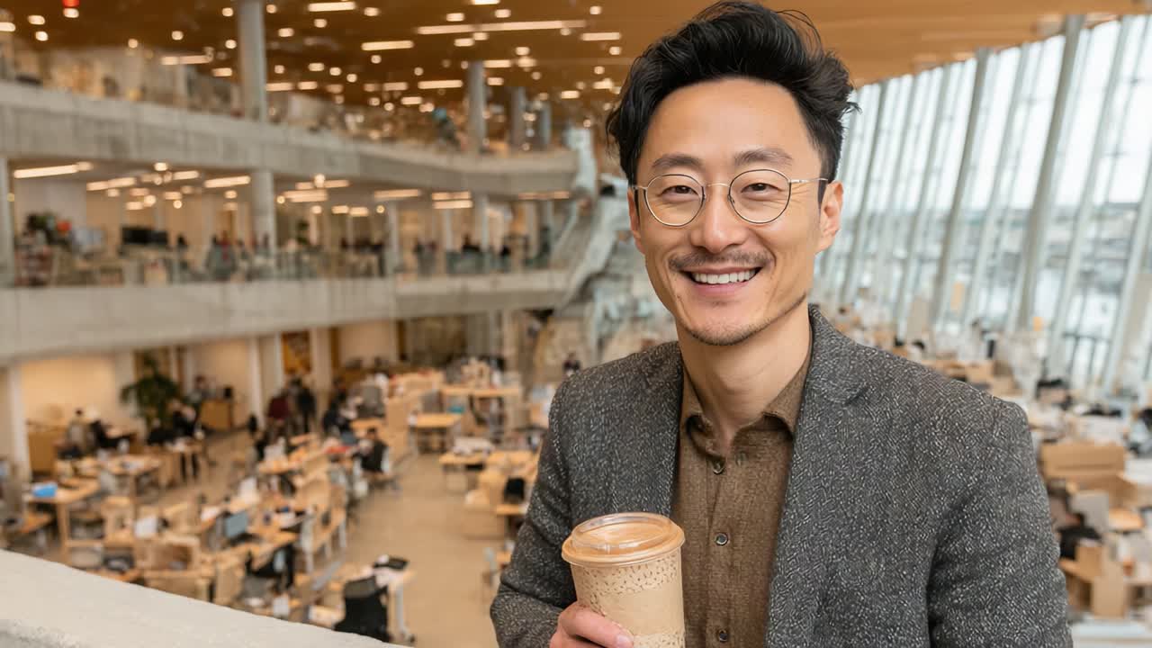 A Professional Man Enjoys Coffee in a Modern Workspace Filled with Natural Light and Collaborative Energy, Showcasing a Productive Atmosphere