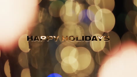 Animation-of-happy-holidays-text-over-yellow-spots-of-light-background