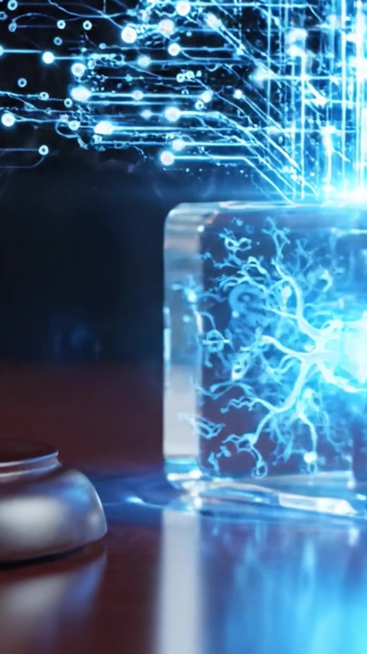 A Dynamic Energy Cube Surrounded by Technological Elements on a Polished Surface, Showcasing Intricate Blue Electric Patterns and a Gavel as a Symbol of Authority