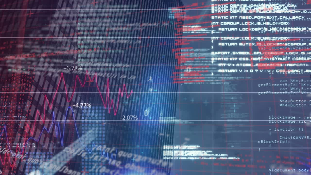 Animation of financial data processing over black background