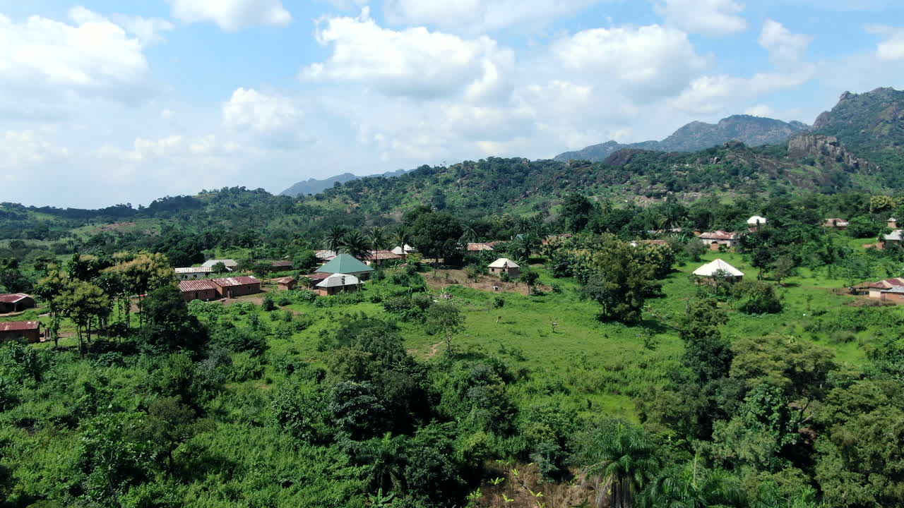 An aerial view of a village in Nigeria, West Africa - Yashi village, Nasarawa State - mountains and jungle
