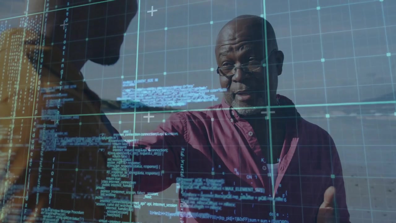 Mentor studying holographic code appearing on transparent grid and teaching mentee on deck by water
