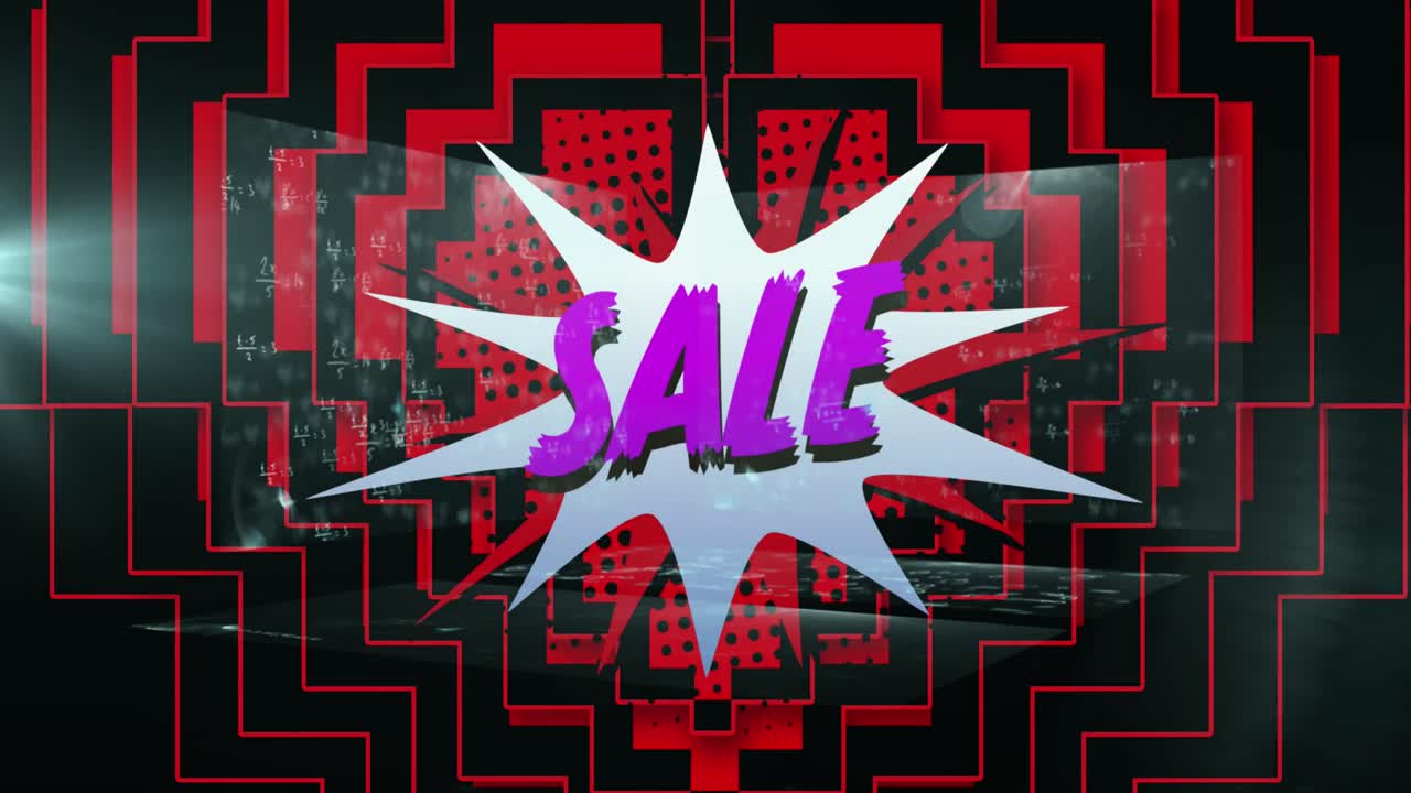 검은 바탕에 빨간 모양 위에 판매 텍스트의 애니메이션.