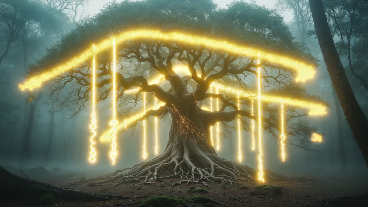 Mystical Glowing Tree in a Foggy Forest