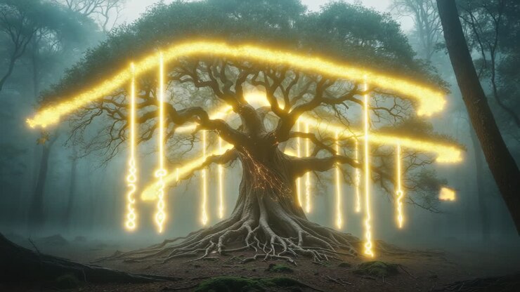 Mystical Glowing Tree in a Foggy Forest