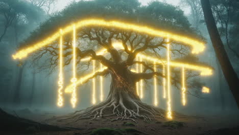 mystical glowing tree in a foggy forest