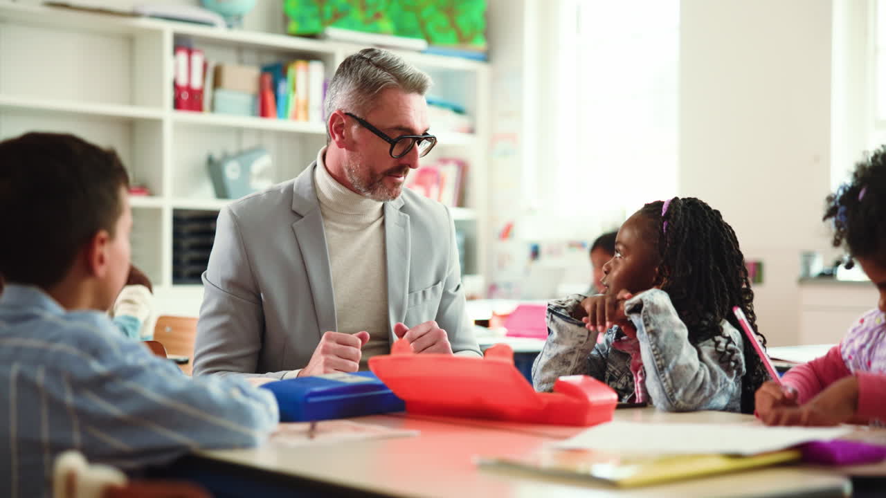 Teacher interacting with students in a classroom setting