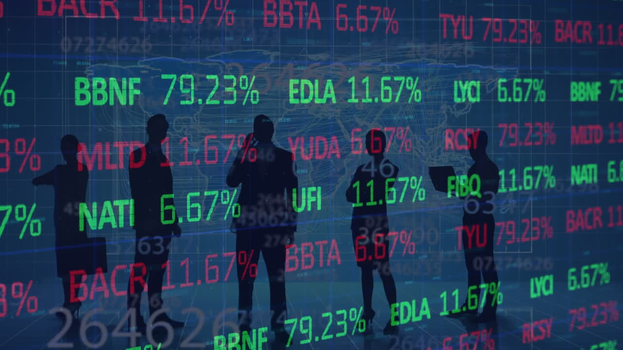 사업가들의 실루 ⁇ 에 대한 금융 데이터 처리 애니메이션