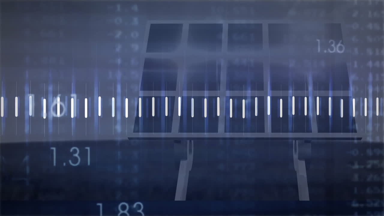 Stylized solar panel floating over data bars, displaying numeric overlays in flat design