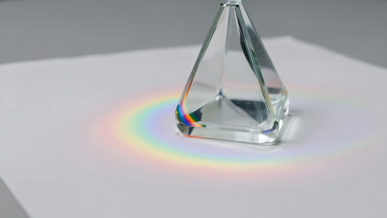 Movimento della camera che rivela lo spettro alla base di un prisma su carta bianca, con luce fuori campo che crea lo spettro