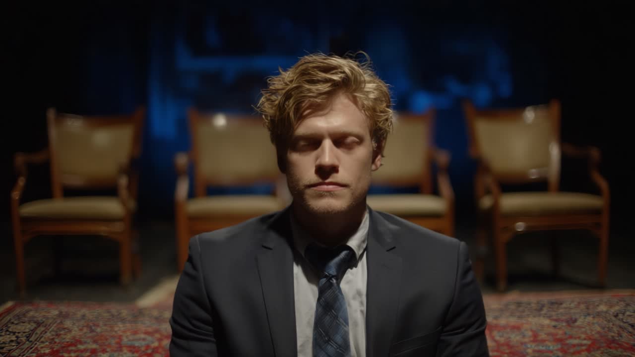 A Intense Transformation: Examining the Emotional Journey of a Man in a Suit as He Transitions from Calm to Resolute in a Dimly Lit Setting