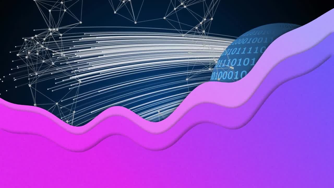 animación de una red de conexiones con una figura púrpura abstracta sobre un fondo azul
