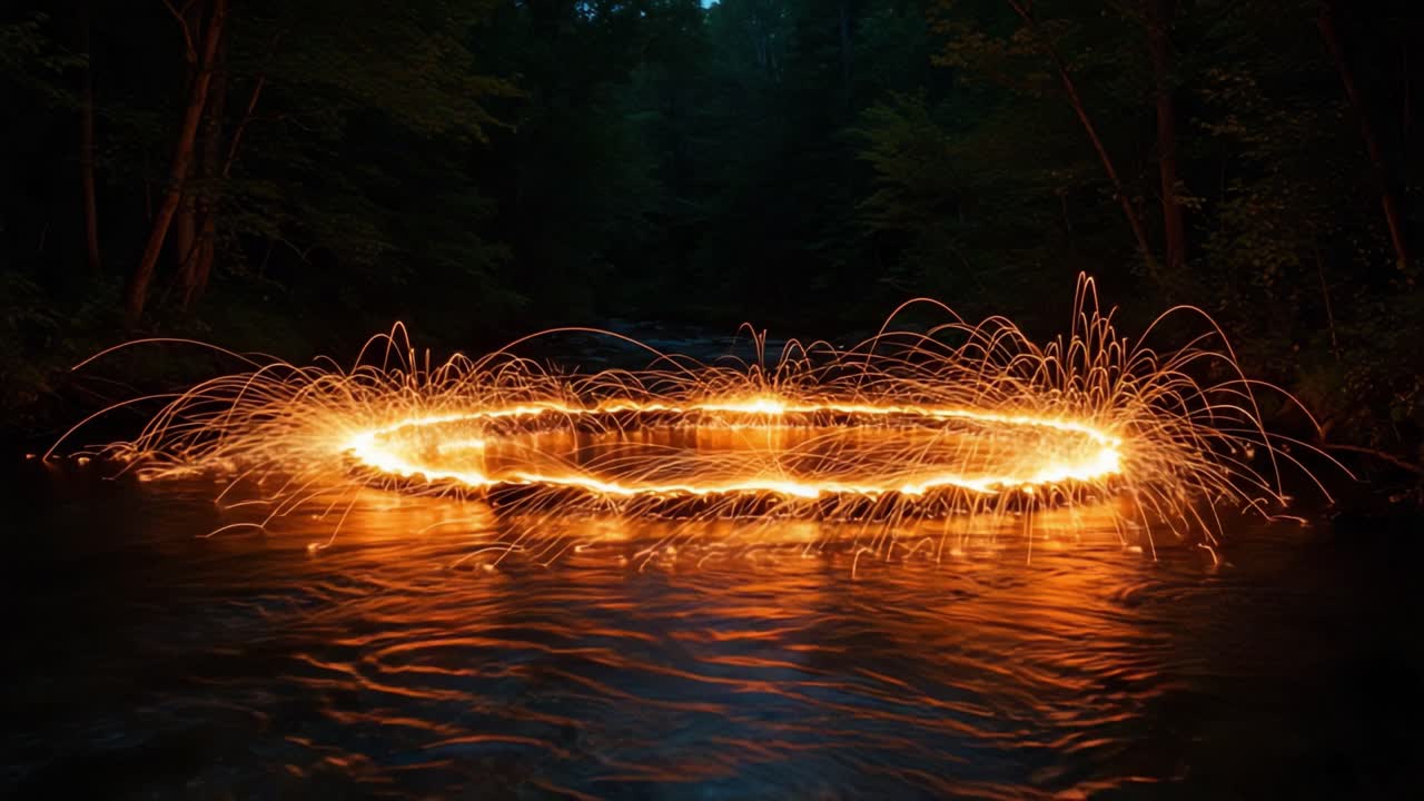 A mesmerizing display of fiery sparks dances over the calm waters of a serene river, creating a stunning circular pattern illuminated against the night sky