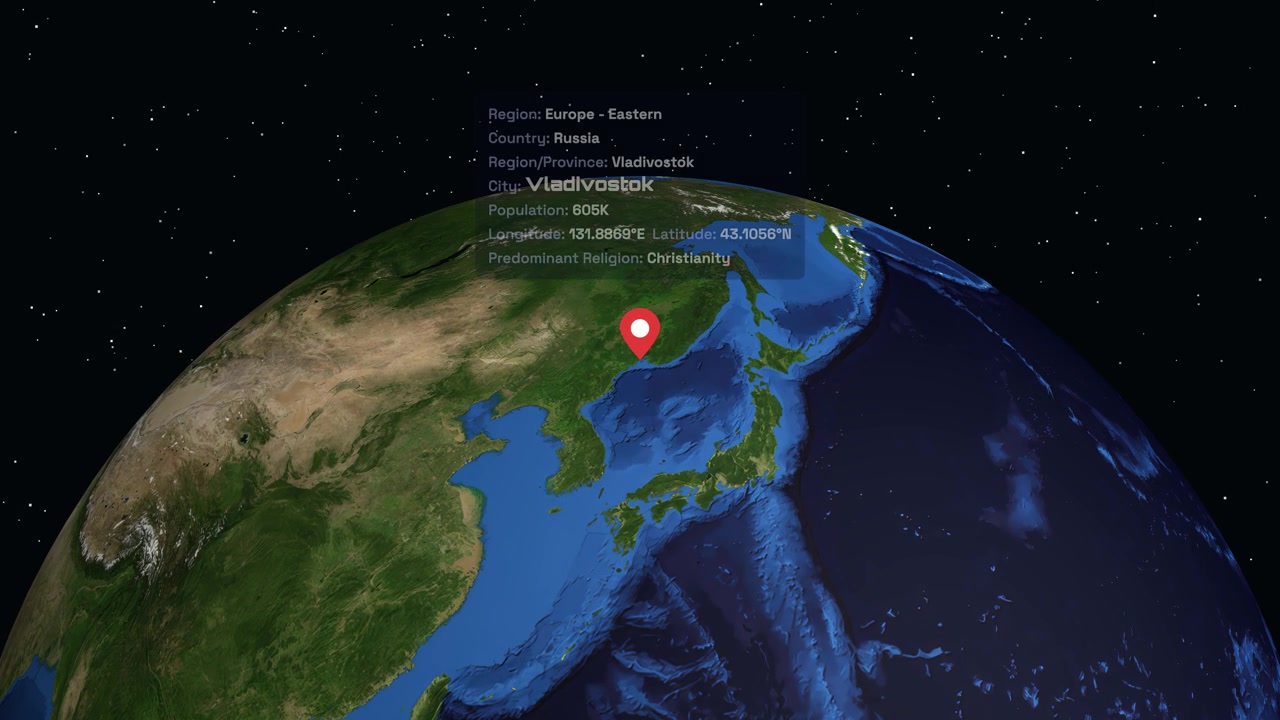 A 3D globe rotates through space before zooming into Vladivostok with data overlay information