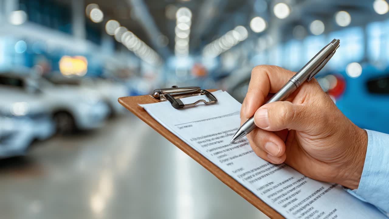 Una vista ravvicinata di una mano che tiene un blocco note con documenti, prendendo appunti in una concessionaria d'auto, evidenziando il business delle vendite e delle transazioni automobilistiche