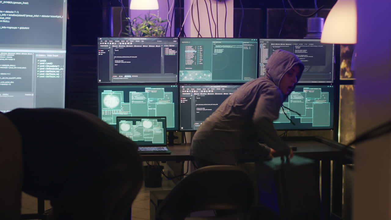 Workspace with multiple computer screens displaying code