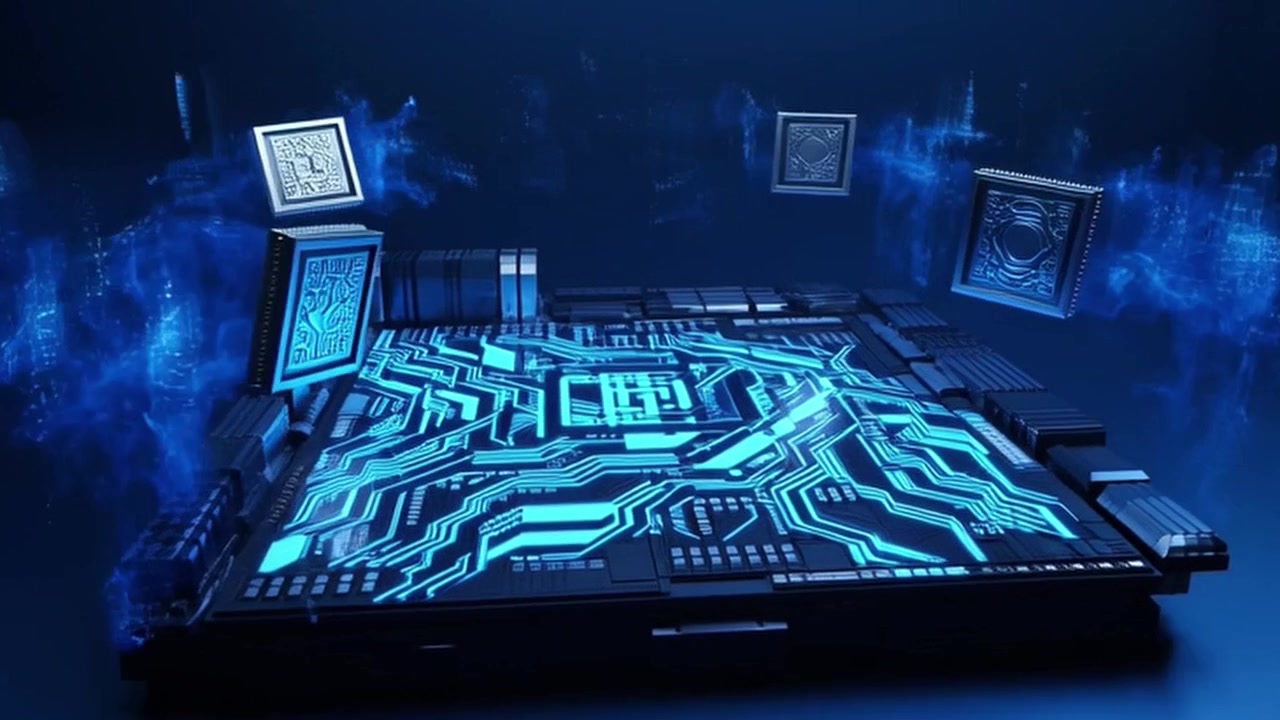 Futuristic Computer Processor Chip with Floating Components and Glowing Circuitry