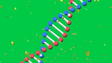 animation of confetti falling over dna strand spinning over green screen