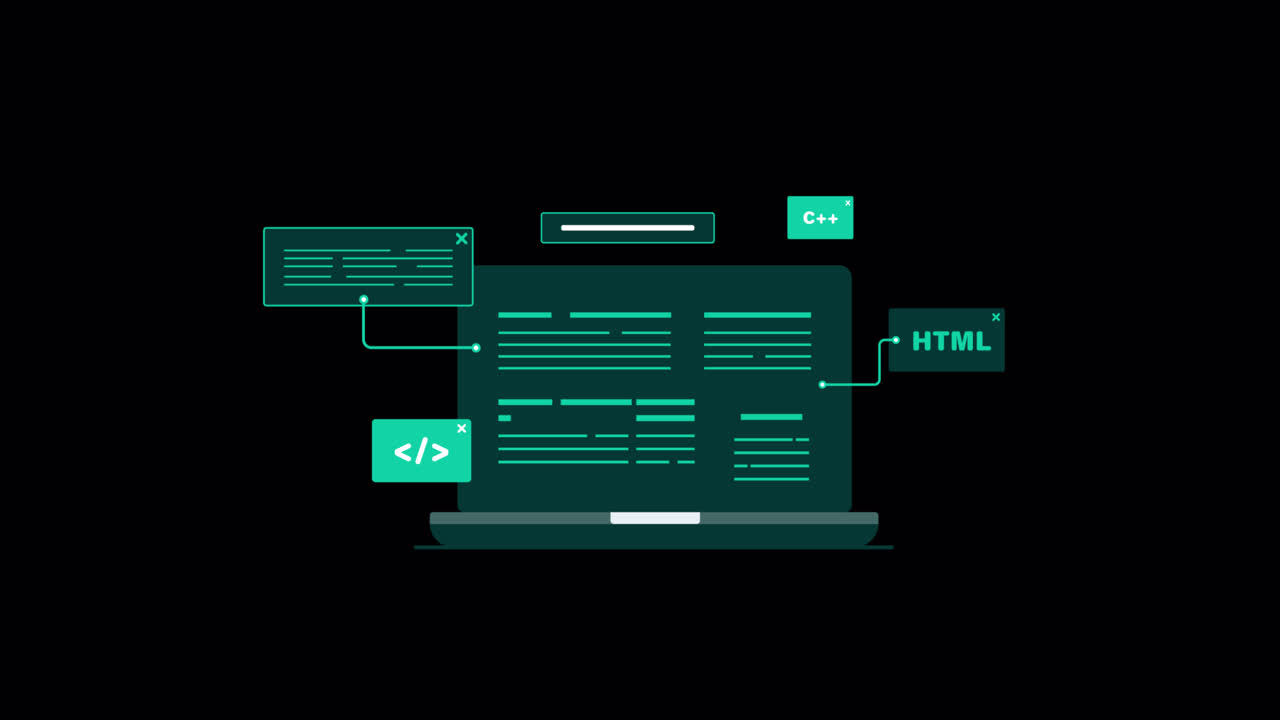 Animated Laptop Screen Displaying Programming Code and Languages