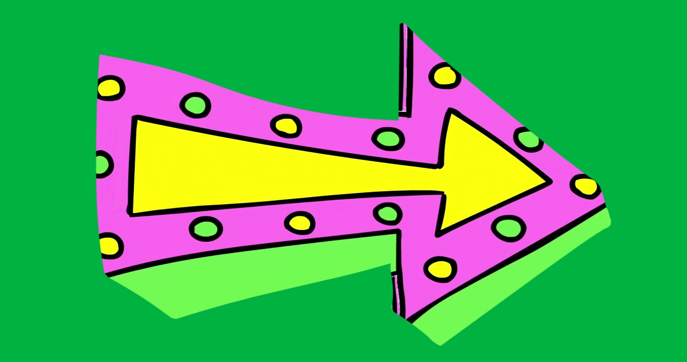 Riproduzione che inizia mostrando una freccia destra stilizzata con un design uniforme rosa e verde per uso creativo.
