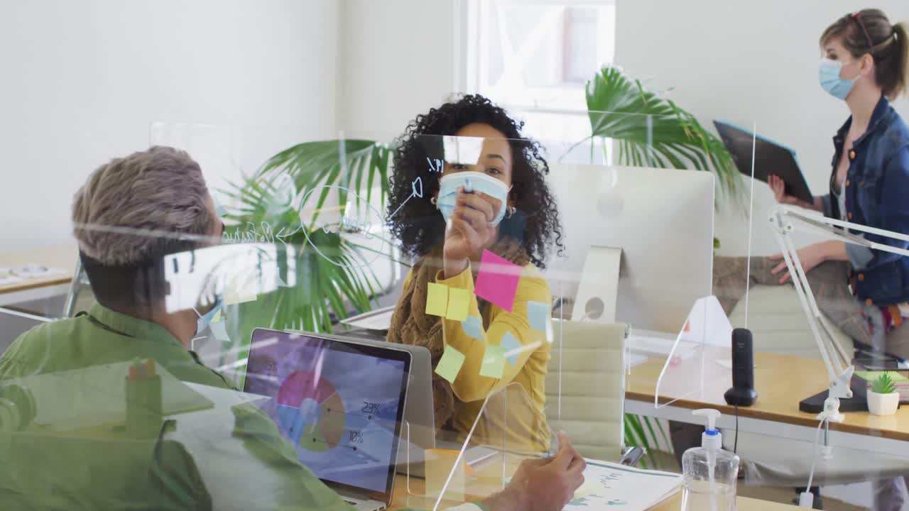 Woman wearing face mask writing on glass board on her desk at office