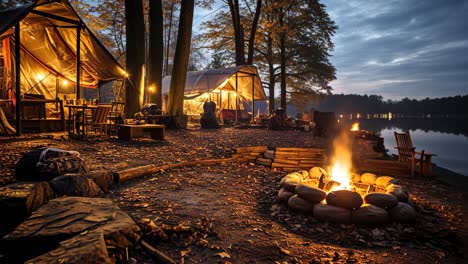 cozy campsite by the lake with tents and a warm campfire at dusk