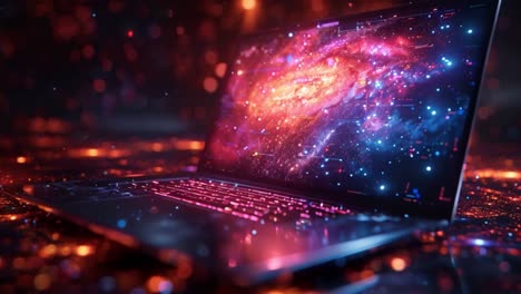 futuristic laptop with galactic display