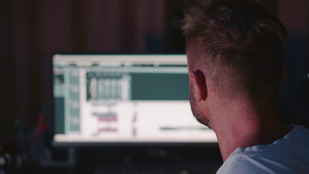 productor de audio en la computadora en el estudio de grabación. hombre crea la pista de sonido para la película con equipos digitales en el lugar de trabajo. director de música trabajo de arte