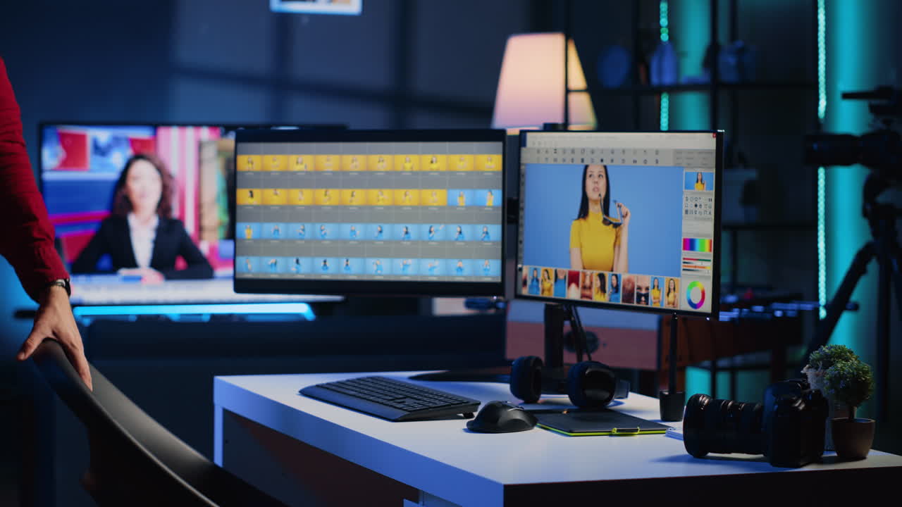 editor de fotos llegando al trabajo en una agencia de medios, comenzando a trabajar en la selección de imágenes editoriales