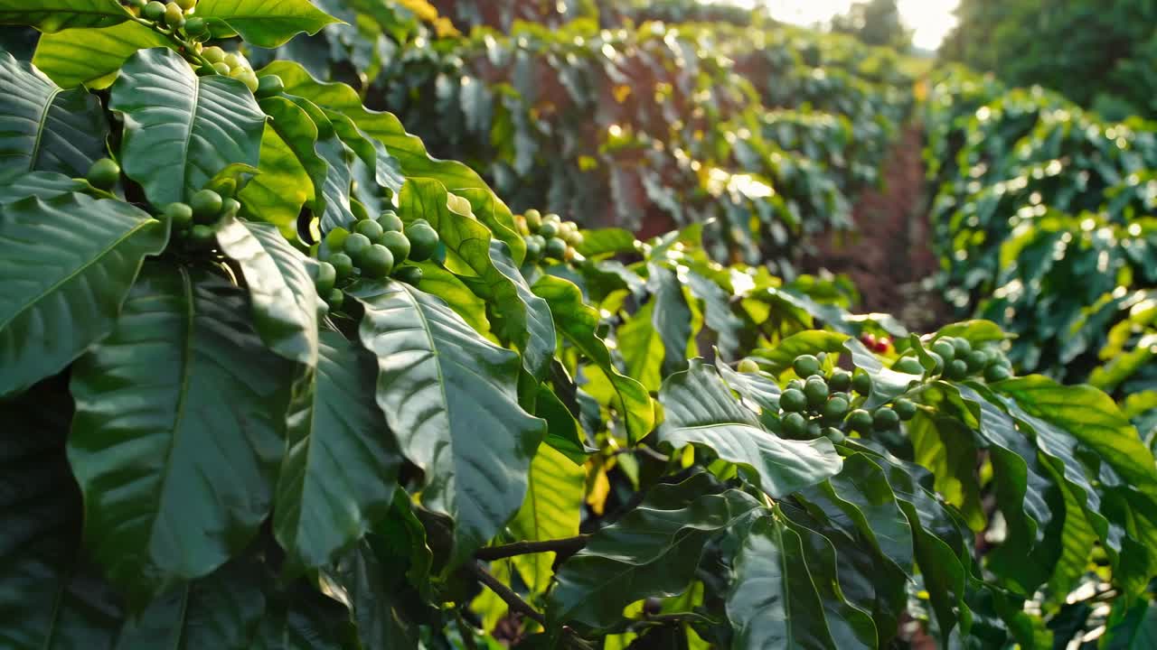Vídeo en ángulo bajo de exuberantes plantas de café verdes en una plantación iluminada por el sol, que destaca el vibrante