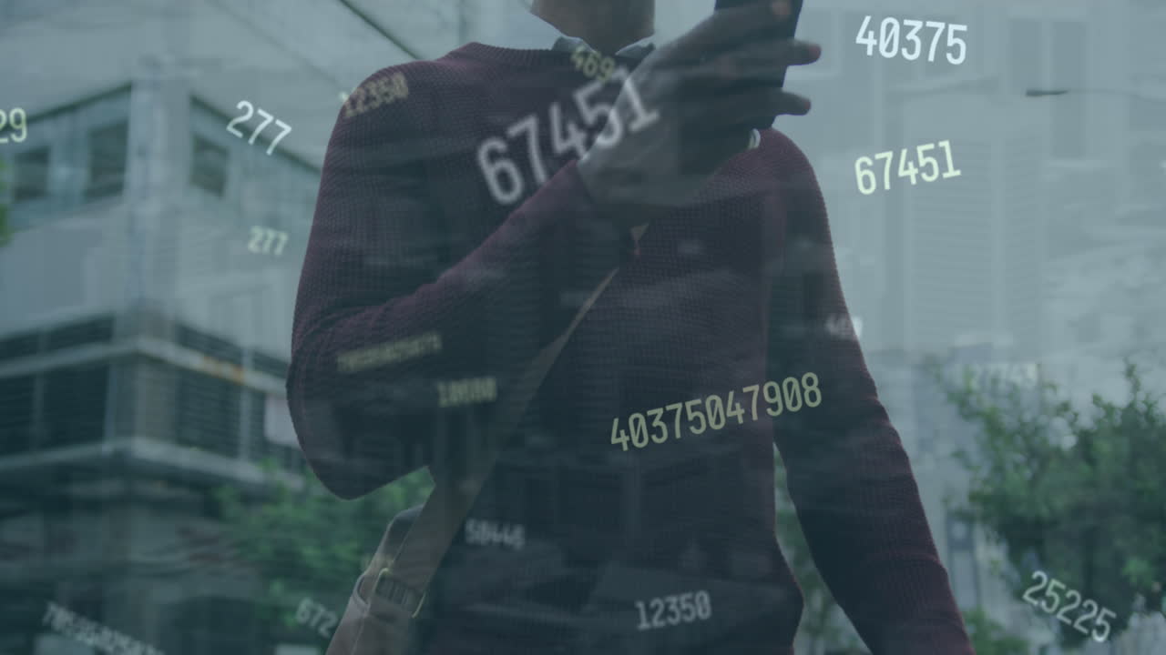 Animation of graphs and changing numbers, senior african american man with bicycle using smartphone