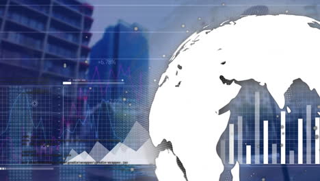 animation of financial data processing and globe over city