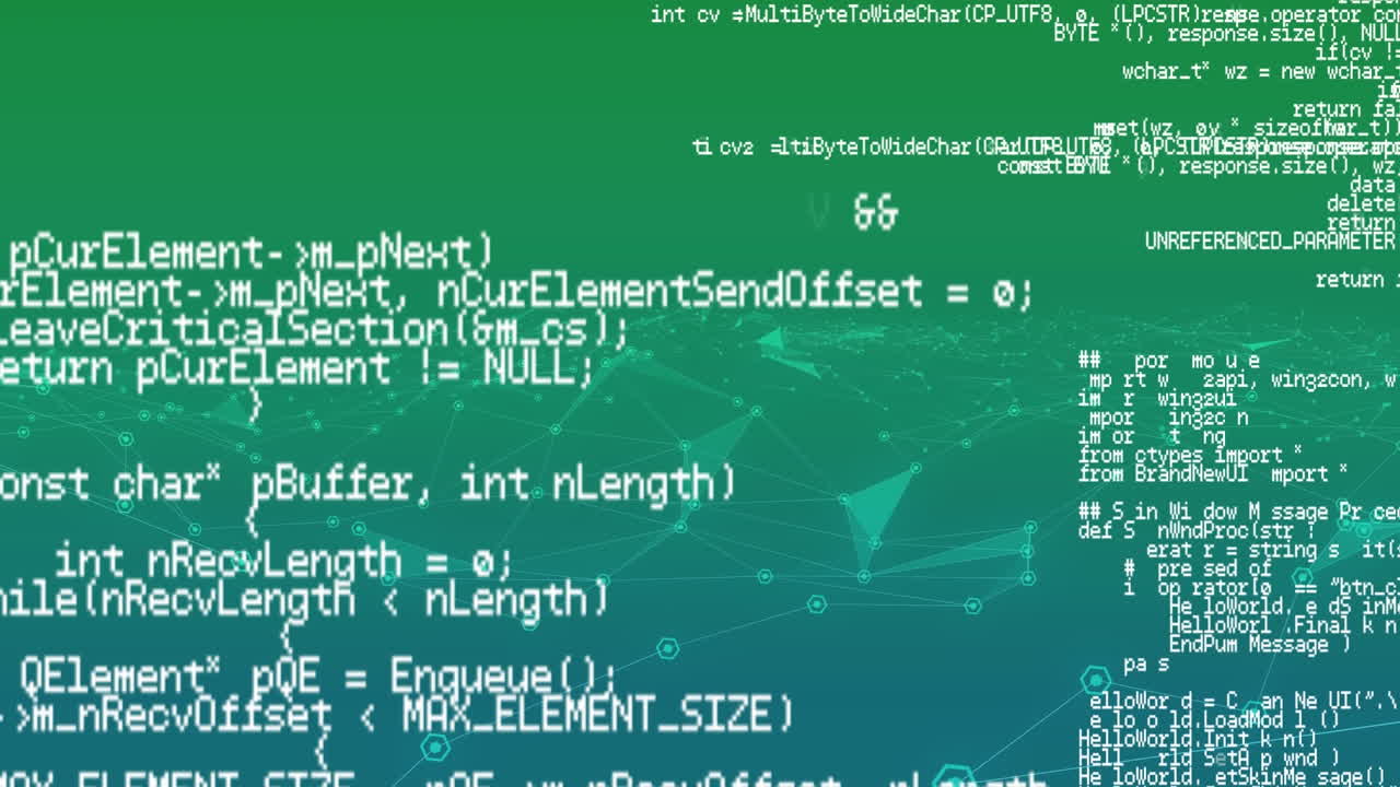 Animation of digital data processing over network of connections on green background
