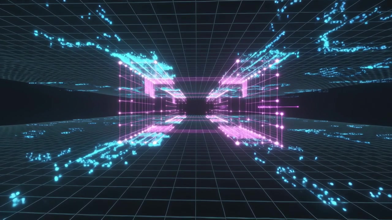 Moving camera showing pink frames forming corridor with blue streams, mirrored grid floor to portal