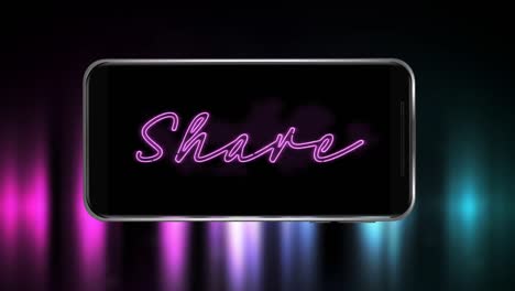 Animation-of-word-Share-flickering-on-screen-of-smartphone-on-purple-background