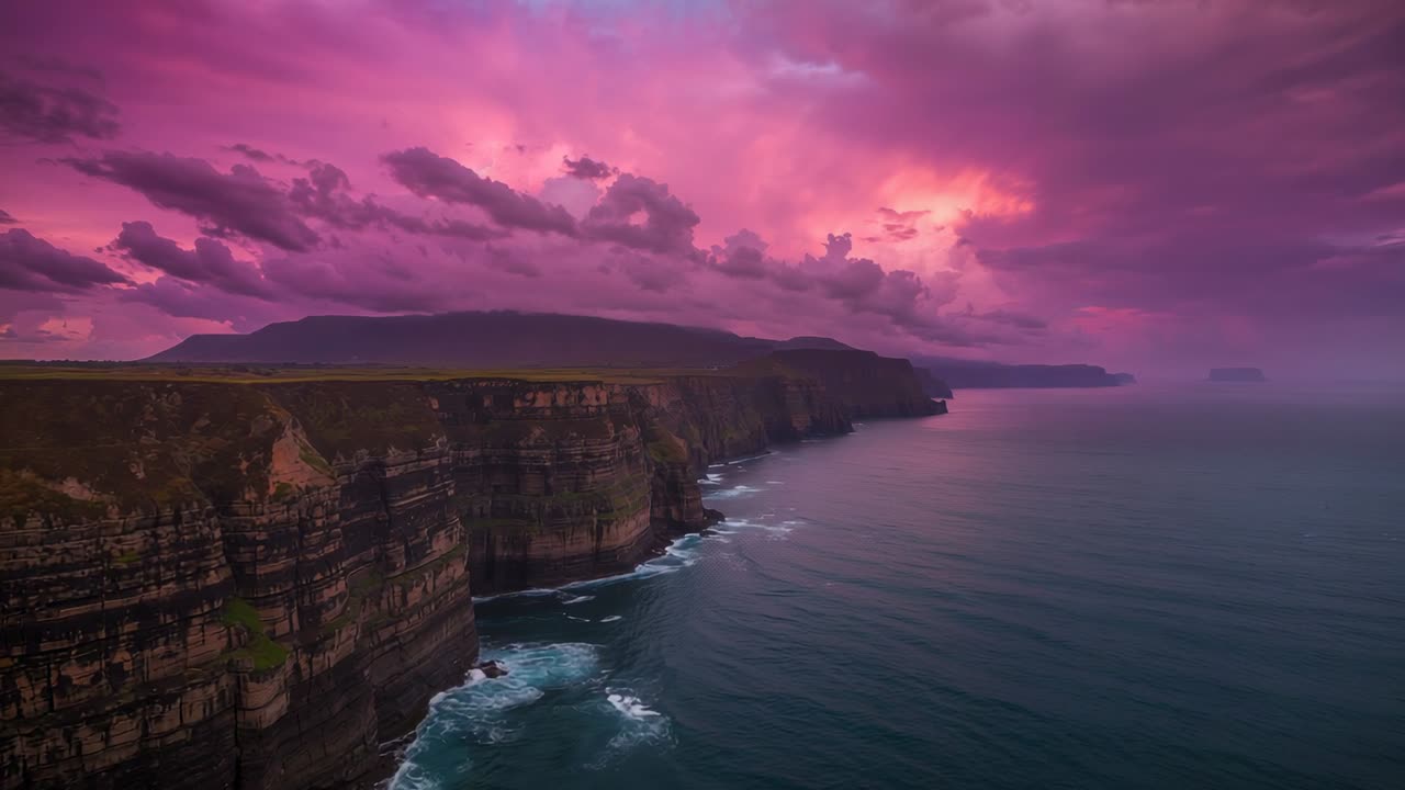 Launching drone drifting to showcase rugged sea cliffs at dusk, with violet-pink clouds and ocean