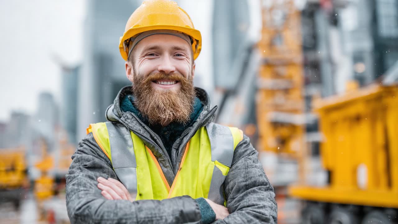 Smiling Construction Worker in Safety Gear Poses Proudly on Job Site Amidst Heavy Machinery, Showcasing Dedication and Professionalism in Construction Industry