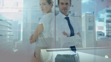 Animation-of-confident-caucasian-colleagues-back-to-back-standing-over-modern-skyscrapers-in-city