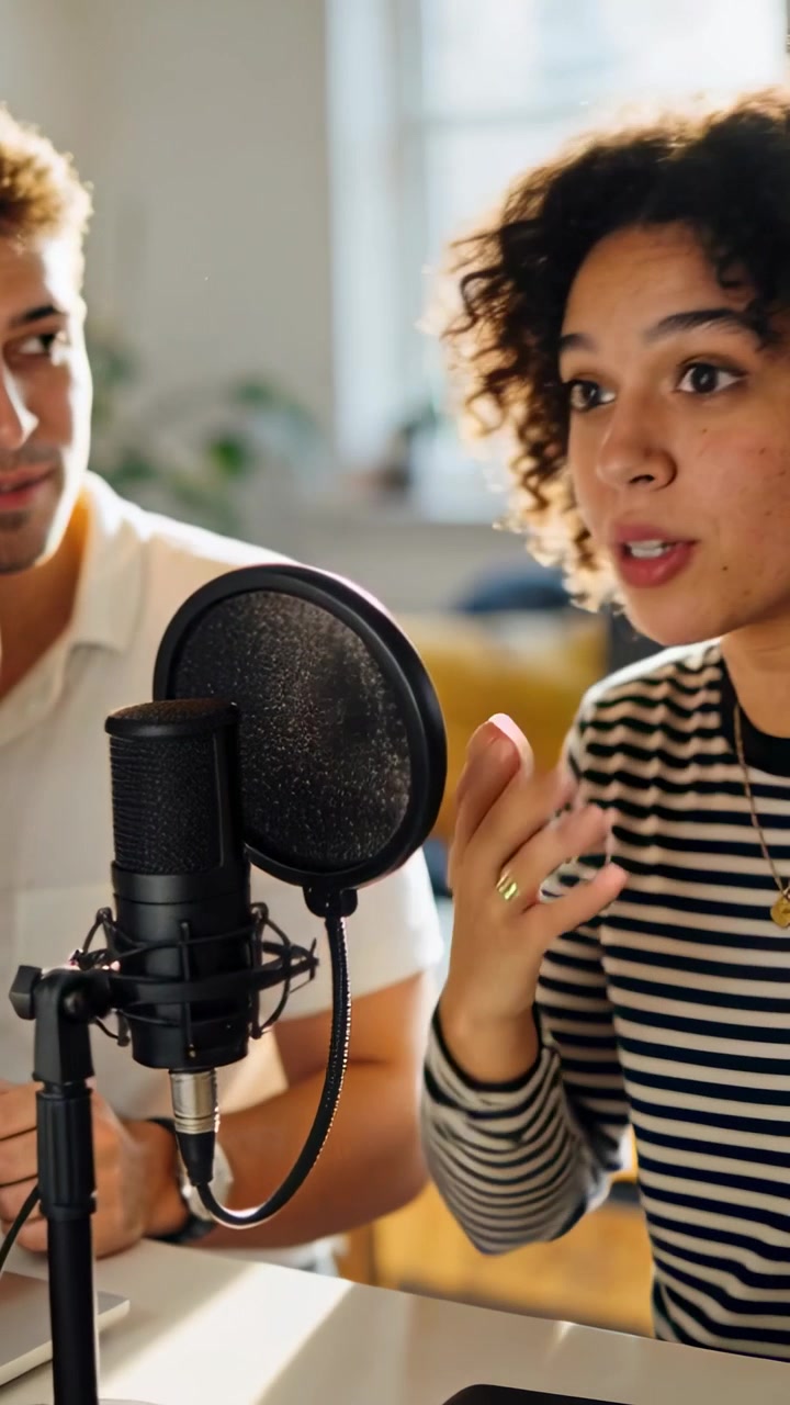 Video verticale: Cohost in registrazione con un top a righe e una camicia chiara che discutono al microfono in uno studio casalingo.