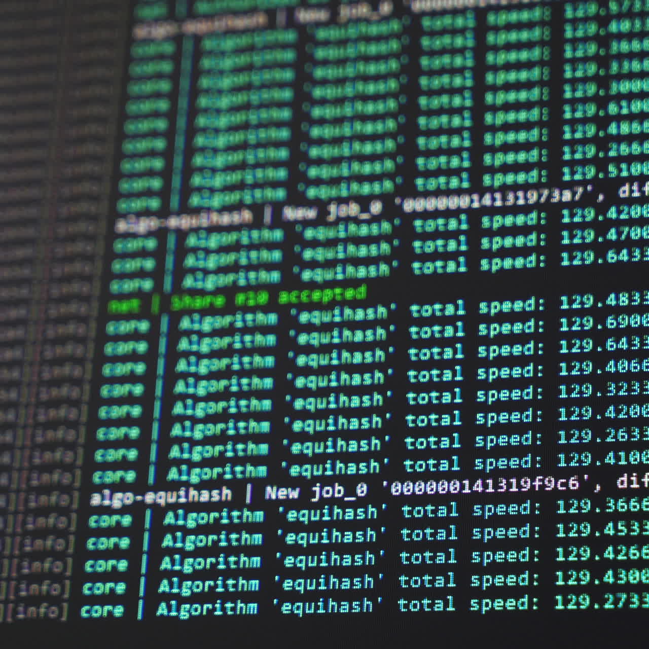 Screen with crypto code. Cryptocurrency. Green digitals. Mining Code