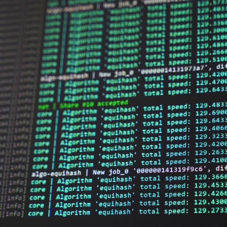 Screen with crypto code. Cryptocurrency. Green digitals. Mining Code
