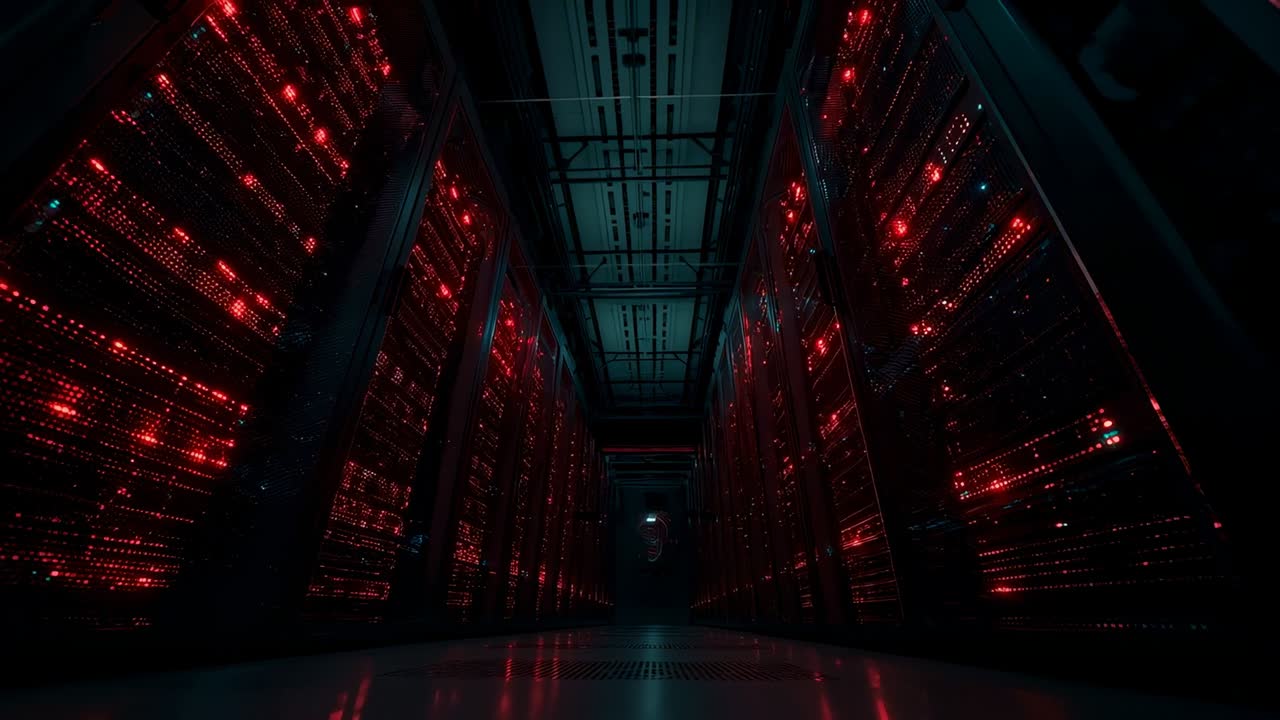 Advancing camera moving down data center aisle, revealing server racks and red LEDs for monitoring