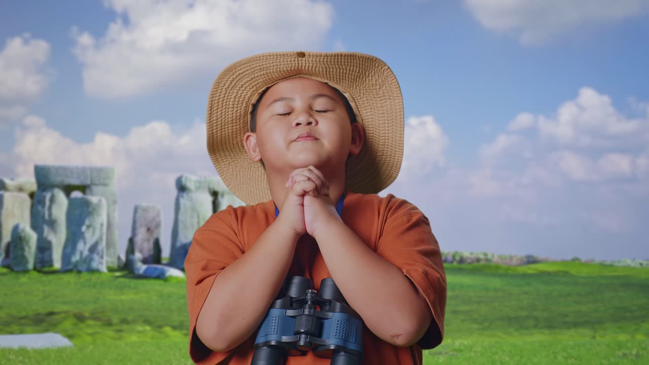 Asian Boy With A Hat And Binoculars Praying For Something While Traveling In Stonehenge. Boy Researcher Examines Something, Travel Tourism Adventure Concept, Close Up