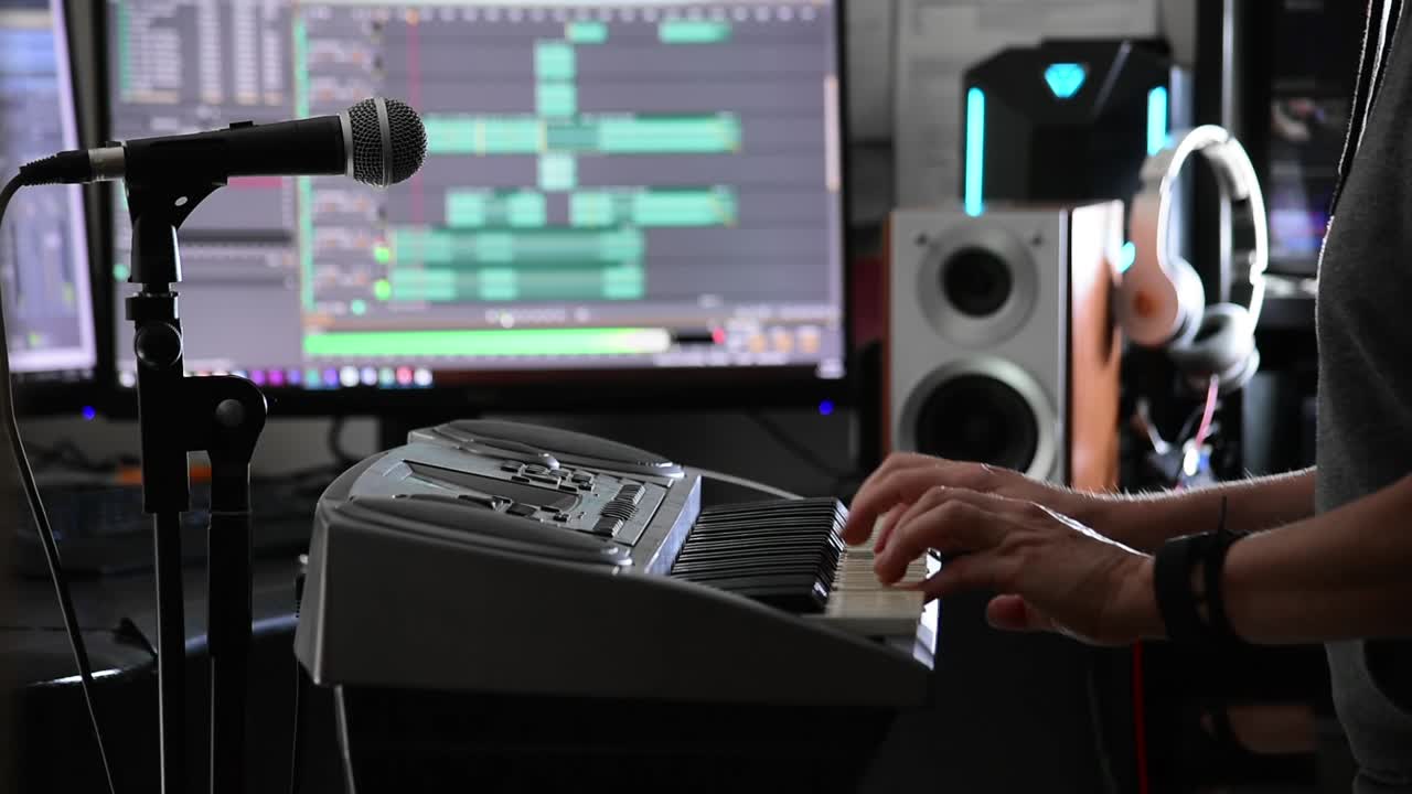 음악가는 백그라운드에서 화면에 표시된 소프트웨어로 홈 레코딩에서 키보드를 연주합니다.