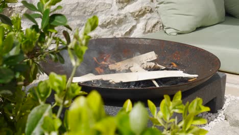 leafy foreground, fresh wood pieces placed ontop of aesthetic fire place heating unit