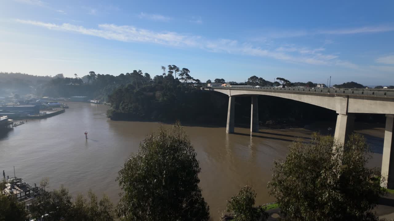 Gimbal wide panning shot of Noyo Harbor in Fort Bragg, California. 4K