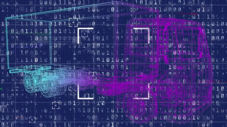 Animation of digital lorry and data processing on blue background