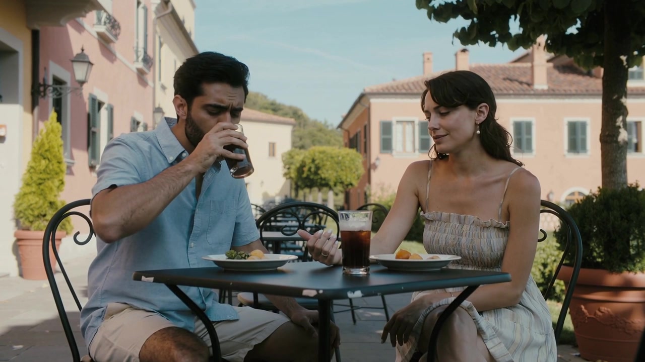 Uomo in camicia che si protende sorseggiando un bicchiere durante un pasto in un caffè all'aperto, mentre una donna in prendisole ritira la mano.