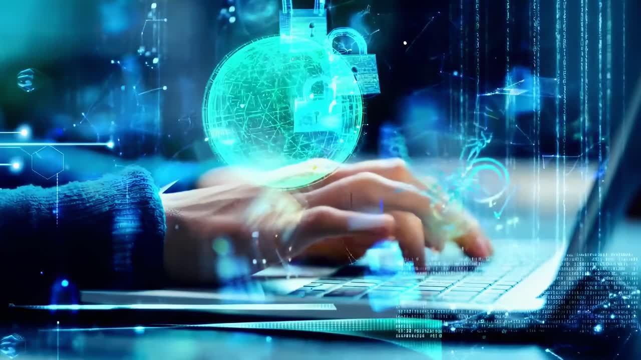 Hands Typing on Laptop with Digital Cybersecurity and Global Network Overlay