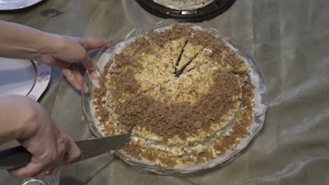 A woman cuts a brown homemade cake with a large kitchen knife. The concept of a home holiday. Close up. Faceless. The view from the top. 4K.